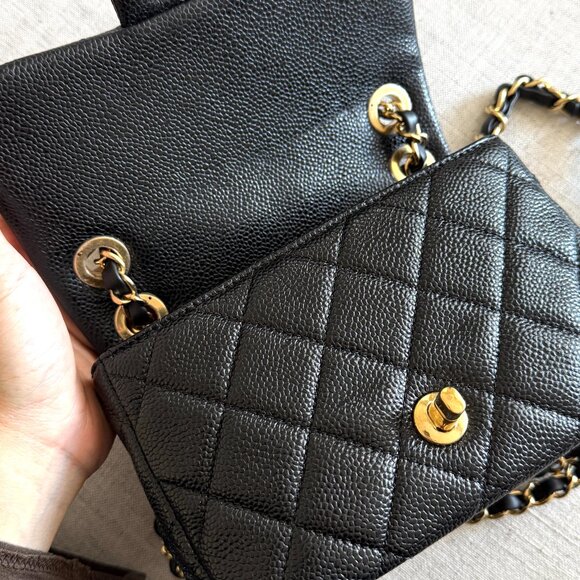 Seasonal CHANEL Two ways Full Set Grained Lambskin Quilted Mini Square Flap GHW - Picture 9 of 11